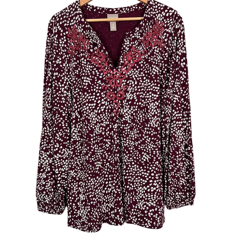 Chicos Womens‎ XL Bohemian Artsy Peasant Festival Embroidered Tunic Blouse Wine
